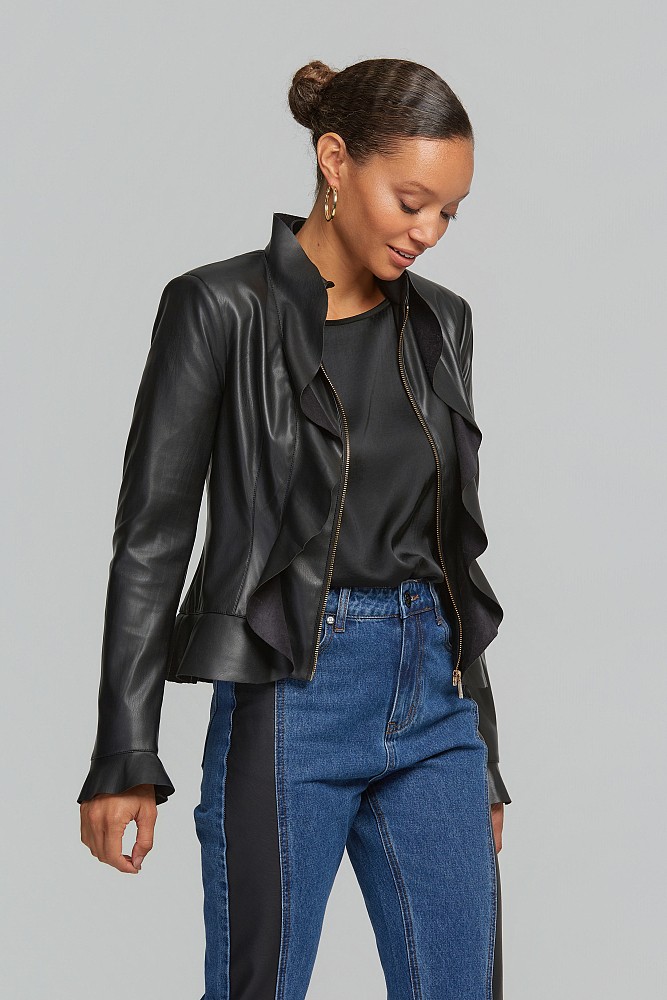 Μπουφάν με δερμάτινη όψη και βολάν
