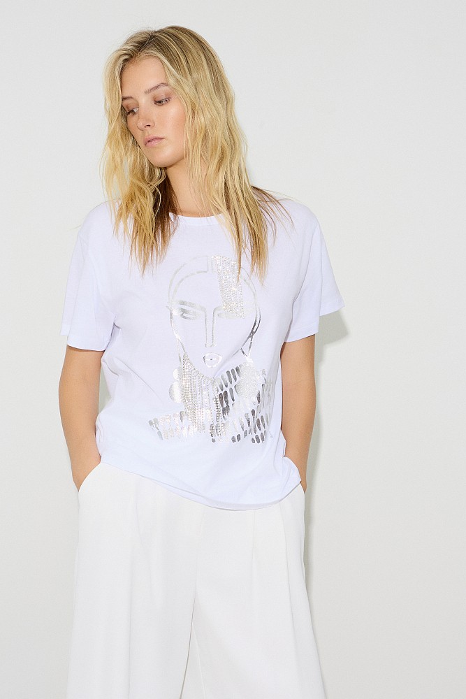 T-shirt με τύπωμα και κρεμαστά στρας