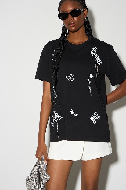 Oversized t-shirt με τύπωμα και στρας
