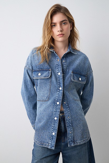 Denim overshirt με στρας