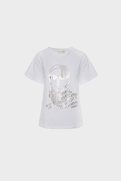 T-shirt με τύπωμα και κρεμαστά στρας